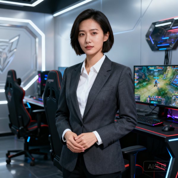 电竞俱乐部经理李女士的干练职业肖像，背景为电竞训练基地