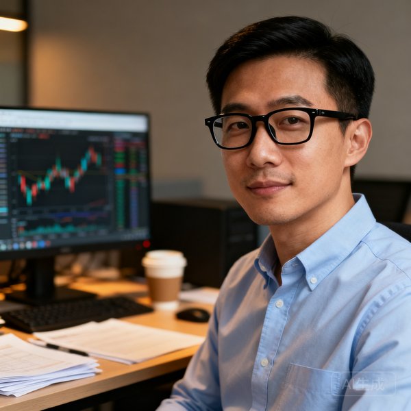 体育数据分析师王先生佩戴眼镜的知性肖像，身后是数据分析工作台
